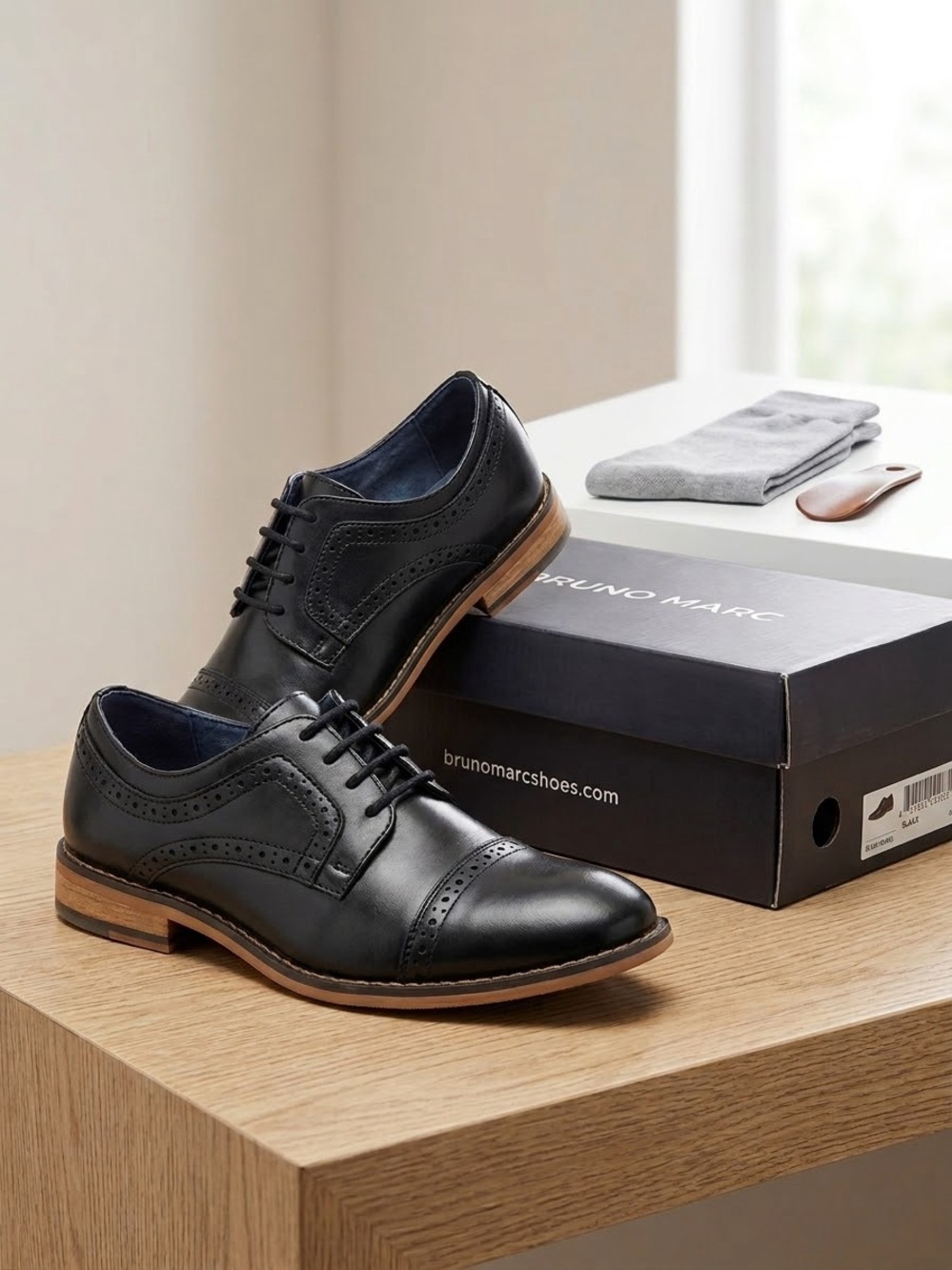 Black Boys' Leather Cap-Toe Dress Shoes by Bruno Marc